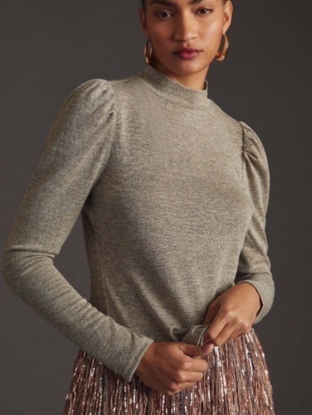 Dolan Anthropologie Puff Sleeve Mock Neck Top Blouse Silver Metallic Tan Size XL